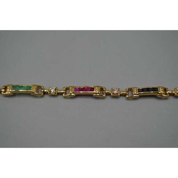 Gemstone Rectangle Link Bracelet Sterling Silver 925 7.5" Pink Green Gold Tone - Picture 6 of 12
